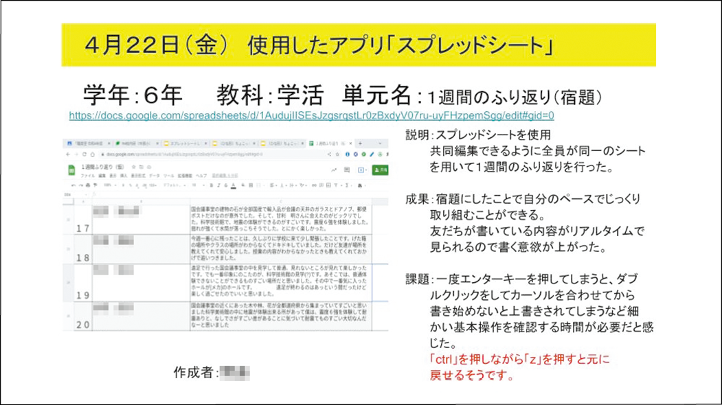 先生が Google Chat 上で授業内容、成果や課題を“ちょこっと”アウトプットする「ちょこっと実践日記」。日頃の共有が全教員のITCスキル向上につながる。