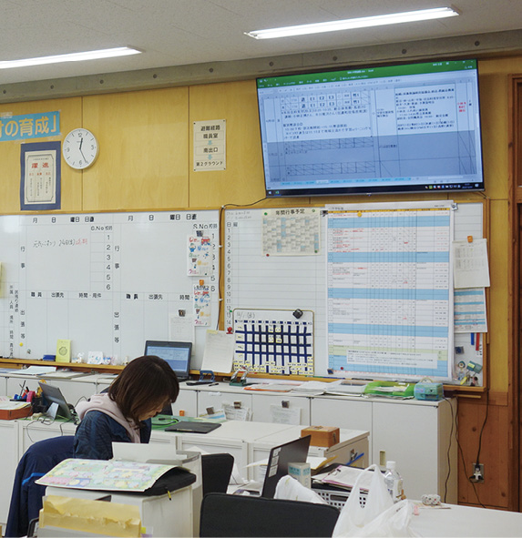 職員室には、校務情報共有用(左)と研修情報共有用(右)の2台の大型モニターが設置されている。